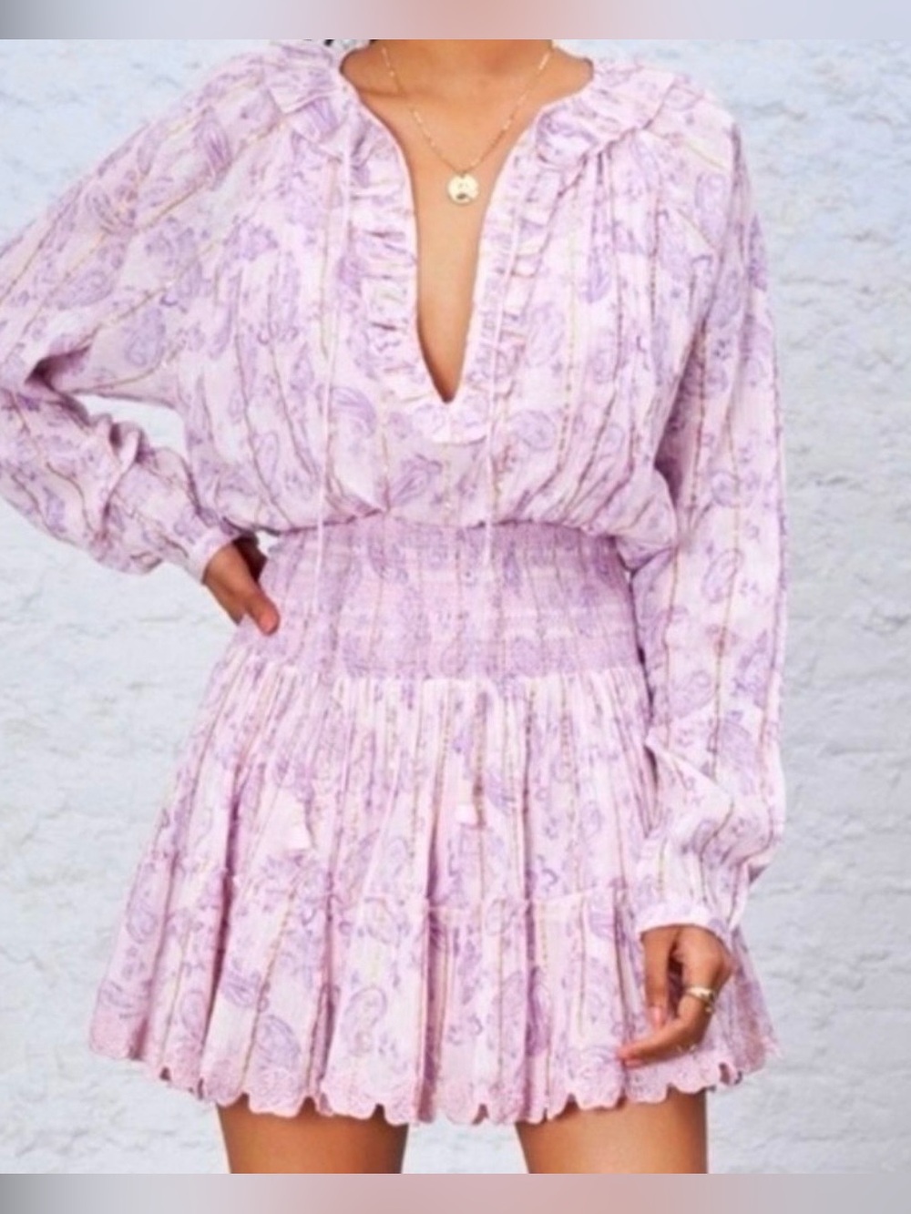 House of Harlow 1960 Boho Paisley Smocked Mini Dress S Lilac Puff Sleeve - Picture 2 of 14